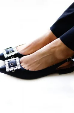 Bibi Lou - Flat Slingback - black leather and stones