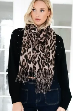 Mixed Brands - Animal print scarf with fringe Leo - Mud Brown