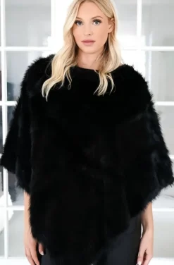 Mixed Brands - Asymmetrical crew neck faux fur Poncho 0498 - Black