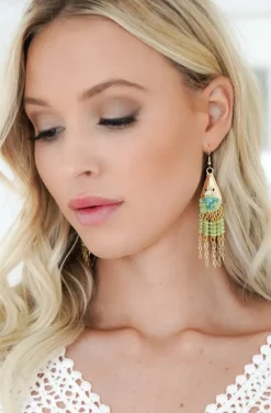 Mixed Brands - Earrings hanging stones and chains 666-760 - Green