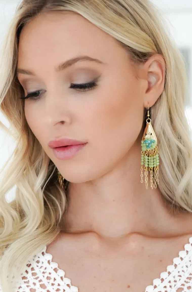 Mixed Brands - Earrings hanging stones and chains 666-760 - Green