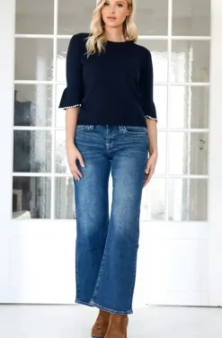 Mixed Brands - Elegant Pearl-accented knit sweater 3502 - Darkblue