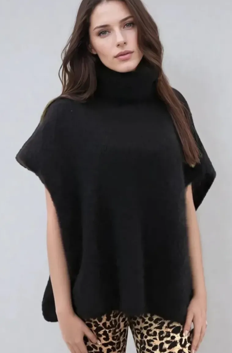 Mixed Brands - Kid Mohair (80%) Rollneck Poncho Sweater - Black