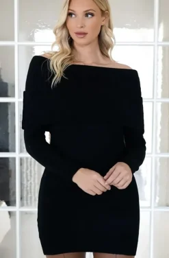 Mixed Brands - long sleeve mini Dress bardot neckline 3085 - Black