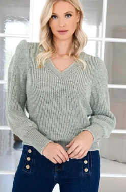 Mixed Brands - Lurex Balloon sleeve sweater - Green Bottle
