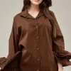 Mixed Brands - Oversize cotton shirt with ruffled sleeve 9394 - Choco
