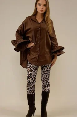 Mixed Brands - Oversize cotton shirt with ruffled sleeve 9394 - Choco