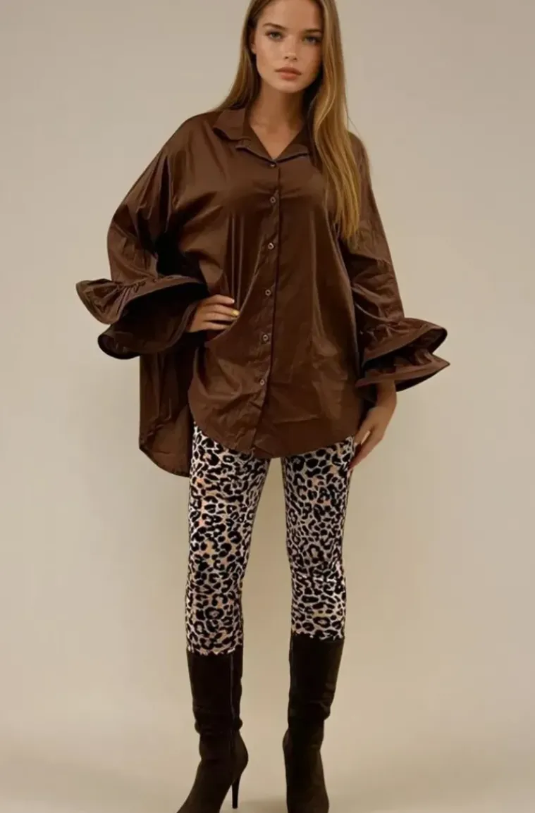 Mixed Brands - Oversize cotton shirt with ruffled sleeve 9394 - Choco