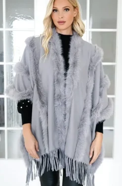 Mixed Brands - Poncho with fake fur details F40795 - Grey
