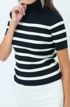 Mixed Brands - Striped short sleeve turtleneck 3373 - Black