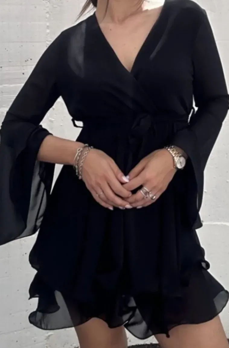 Mixed Brands - V-neck flowy Chiffon Dress 25988 - Black