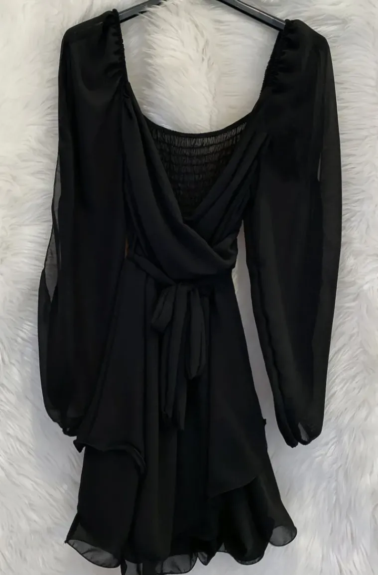 Mixed Brands - V-neck flowy Chiffon Dress 25988 - Black