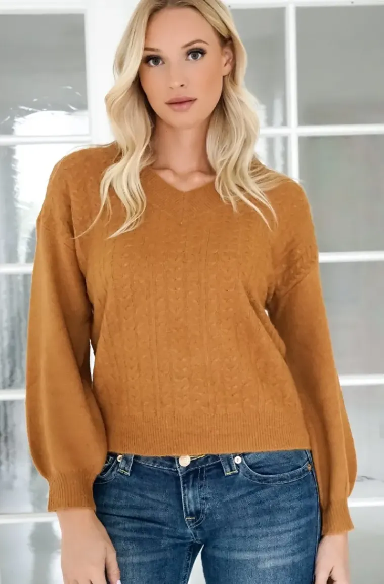 Mixed Brands - V-neck sweater with braids 5010 - Camello