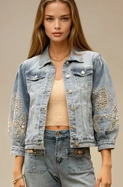Mixed Brands- Denim jacket with Embroidered Sleeve DC480 - Blue