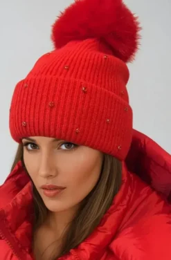Plain Vanilla - Beanie with rhinestones and pom pom - Red