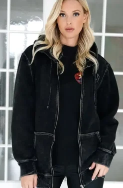 True Religion - Washed Big T Boyfriend Zip Hoodie - Jet Black